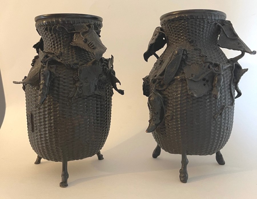 Pair Of Japanese Patinated Bronze Vases 