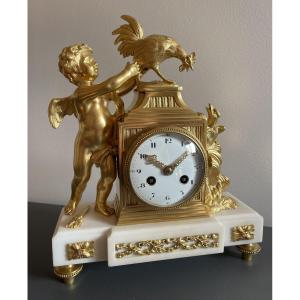 Pendule "Au coq" bronze doré et marbre 