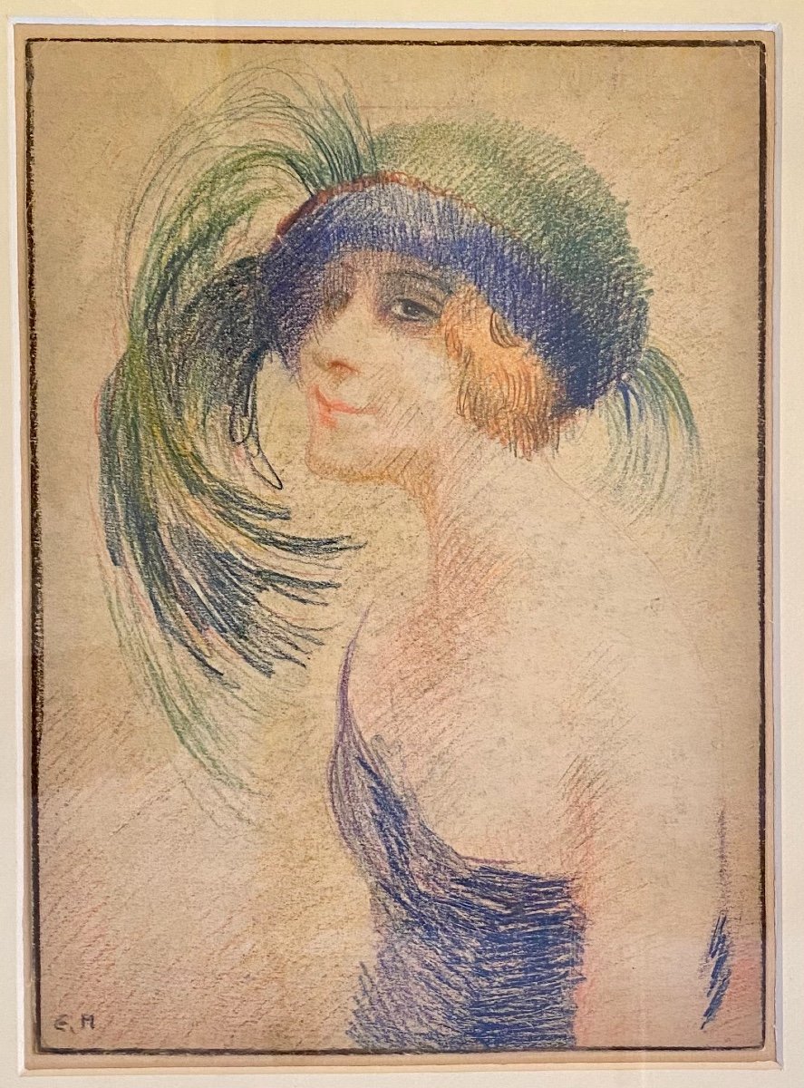 Pastel D’une élégante Au Chapeau - Artdeco - Encadrement Artdeco-photo-2