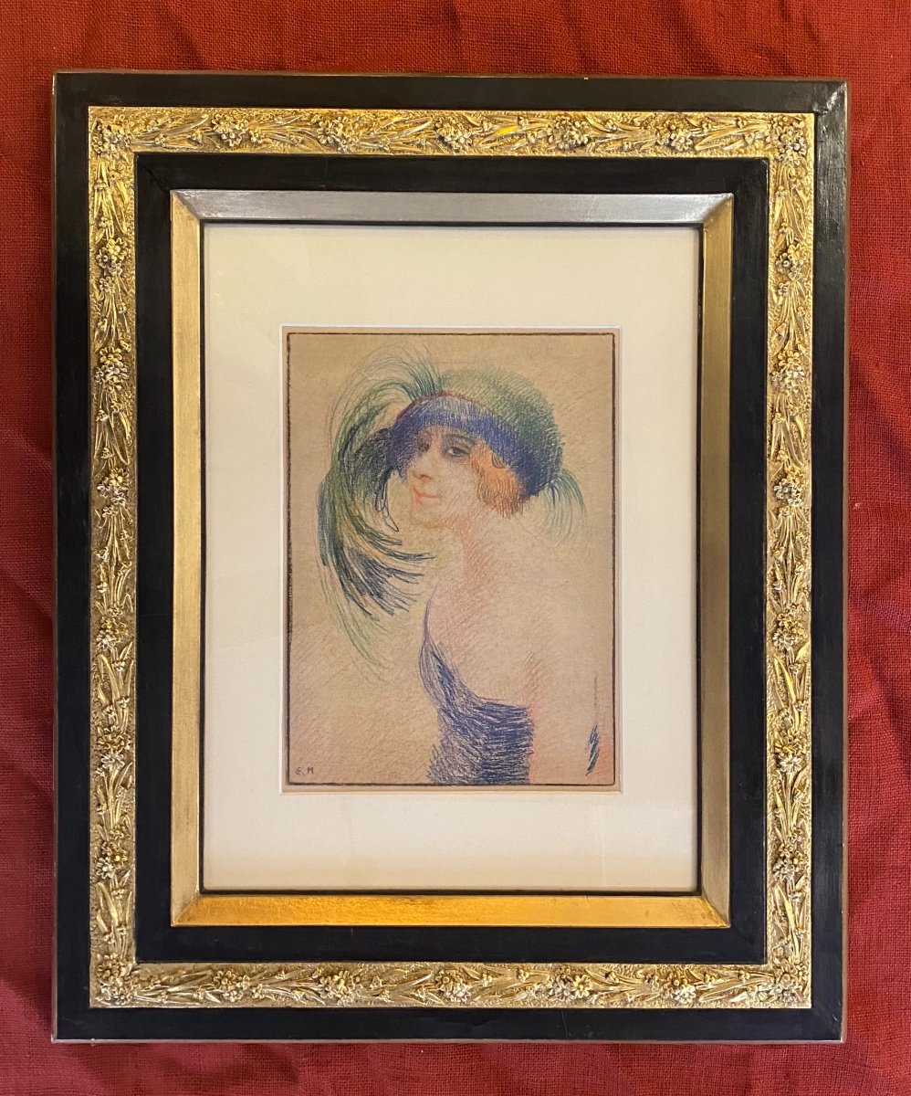Pastel D’une élégante Au Chapeau - Artdeco - Encadrement Artdeco