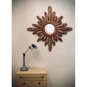 Grand Miroir Soleil En Bois Sculpté -  1950