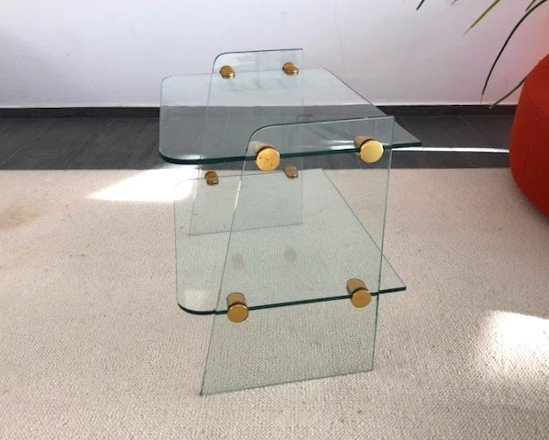 Table d'Appoint En Verre  à Double Plateaux (design Moderniste Esprit Jacques Dumond) 1950 1960-photo-3