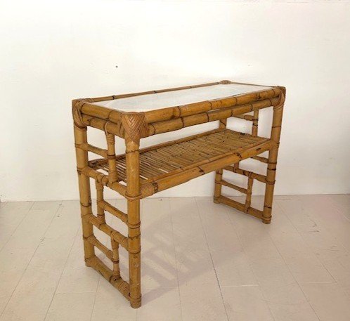 Table / Console En Bambou Et Rotin Design Italien 1970