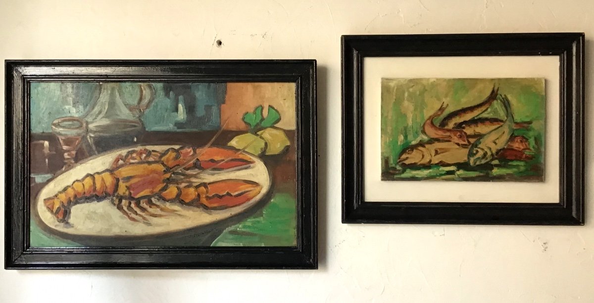 Huile Sur Panneau  Nature Morte Aux Poissons De Georges Rogers  1970 ( Expressionnisme XXeme)-photo-3