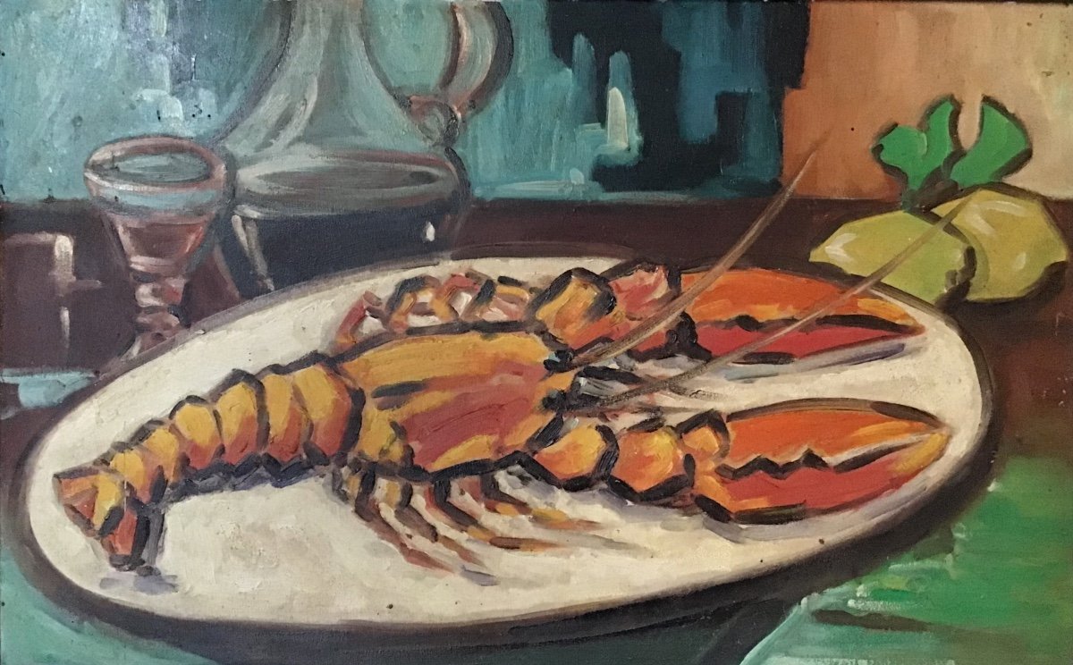 Oil On Panel By Georges Rogers Still Life With Lobster 1975 (expressionism - 20th Century)-photo-2