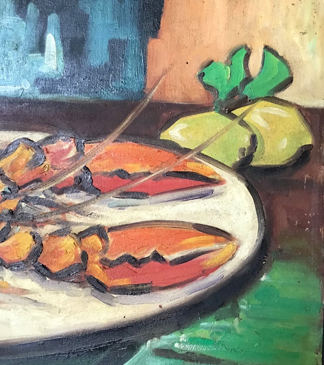 Oil On Panel By Georges Rogers Still Life With Lobster 1975 (expressionism - 20th Century)-photo-3