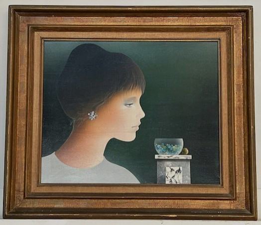 Acrylic By Alain Geneau, Woman In Still Life, Circa 1970-1980 In The Style Of Gorgio Morandi