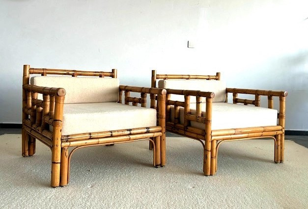 Paire de fauteuils Dal Vera circa 1970 design italien ( rotin esprit Audoux Minet - Sognot ...)-photo-2