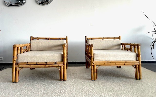 Paire de fauteuils Dal Vera circa 1970 design italien ( rotin esprit Audoux Minet - Sognot ...)-photo-3