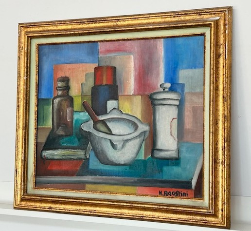 Nature morte d'apothicaire huile sur toile de Hubert Agostini 1935-2021 (post-cubisme...)-photo-2