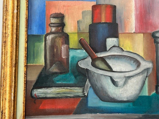Nature morte d'apothicaire huile sur toile de Hubert Agostini 1935-2021 (post-cubisme...)-photo-4