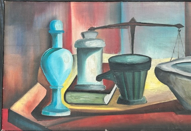 Still Life Of An Apothecary, Oil On Canvas By Hubert Agostini 1935-2021 (post-cubism...)-photo-3