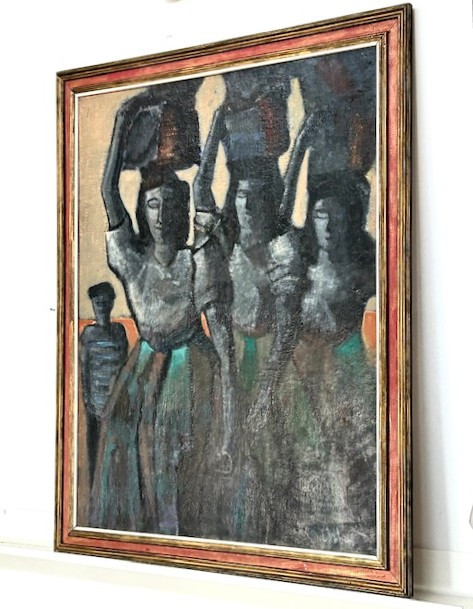 Oil On Canvas Signed Chabert Entitled "fishermen's Wives" Post-cubist In The Spirit Of Artemoff-photo-2