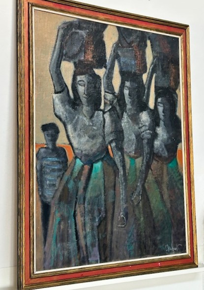 Oil On Canvas Signed Chabert Entitled "fishermen's Wives" Post-cubist In The Spirit Of Artemoff-photo-3