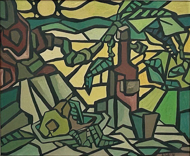 Nature morte à la bouteille et aux fruits 1976 ( Neo cubisme - abstraction figurative )-photo-2