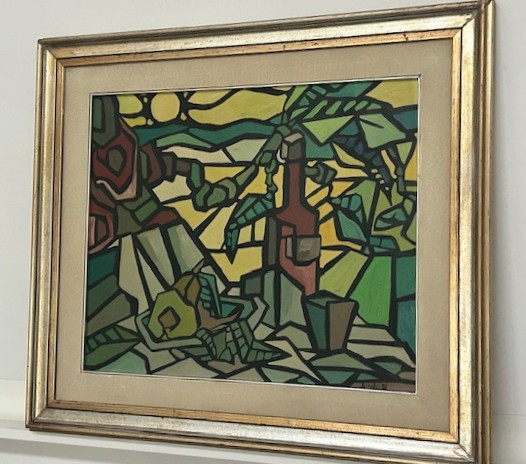 Nature morte à la bouteille et aux fruits 1976 ( Neo cubisme - abstraction figurative )-photo-4