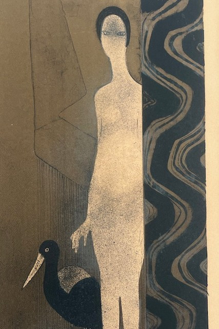 Lithographie de André Minaux circa 1970 (  femme art deco - nature morte..)-photo-3