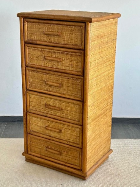 Commode en rotin circa 1970 Italie ( semainier - esprit Dal Vera - Audoux et Minet - Sognot...)