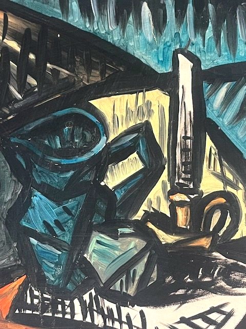 Huile sur panneau nature morte cubiste ( esprit Bernard Buffet - Franz Priking... )-photo-3