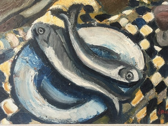 Huile sur toile nature morte aux poissons circa 1950  (expressionnisme - cubisme - XXème)-photo-2