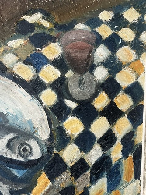 Huile sur toile nature morte aux poissons circa 1950  (expressionnisme - cubisme - XXème)-photo-3