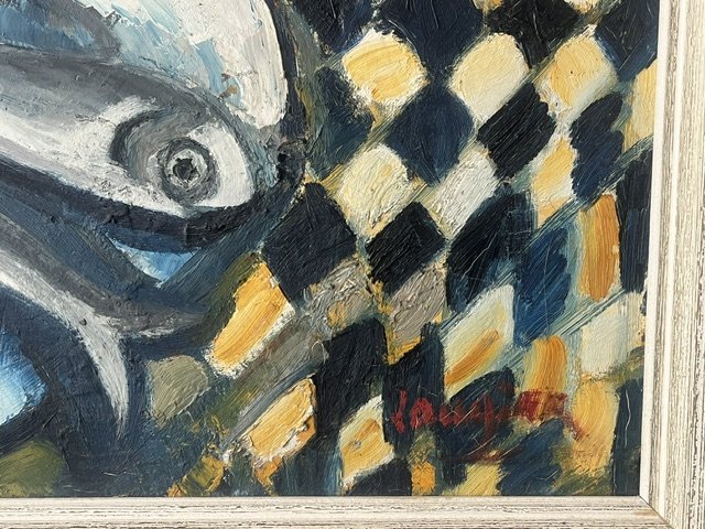Huile sur toile nature morte aux poissons circa 1950  (expressionnisme - cubisme - XXème)-photo-4