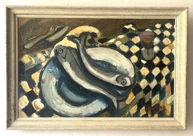 Huile sur toile nature morte aux poissons circa 1950  (expressionnisme - cubisme - XXème)