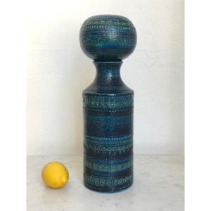 Rare Double Vase / Soliflore En Ceramique Bitossi Rimini Bleu Design Italien 1950