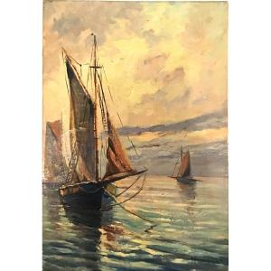 Oil On Canvas Fritz Haberkorn (1898 - 1969) Sailboats In Brittany Marine 20th