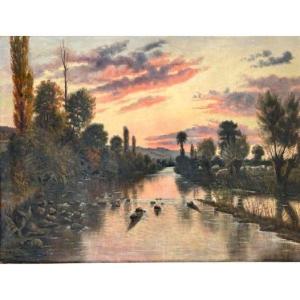 Edouard Créancier Oil On Canvas Animated Landscape Clamecy Yonne 20th 