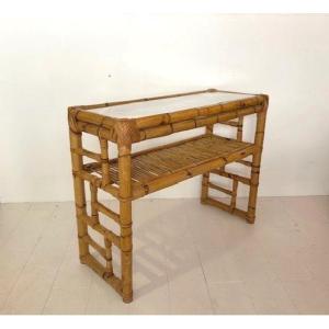 Table / Console En Bambou Et Rotin Design Italien 1970
