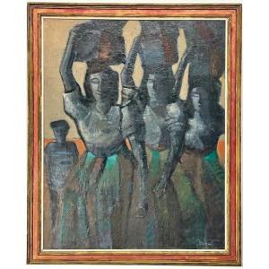 Oil On Canvas Signed Chabert Entitled "fishermen's Wives" Post-cubist In The Spirit Of Artemoff