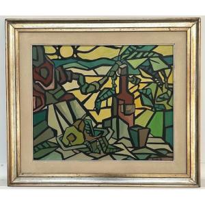 Nature morte à la bouteille et aux fruits 1976 ( Neo cubisme - abstraction figurative )