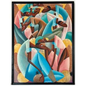 Grande huile sur toile signée Casimir(Laurent Casimir?) 1970-1980 Ecole haitienne-cubiste-naif