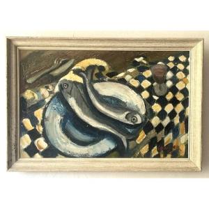 Huile sur toile nature morte aux poissons circa 1950 (expressionnisme - cubisme - XXème)