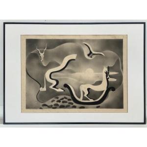 Composition surréaliste à l'aérographe de Robert le Ricolais constructivisme -abstraction-1930s