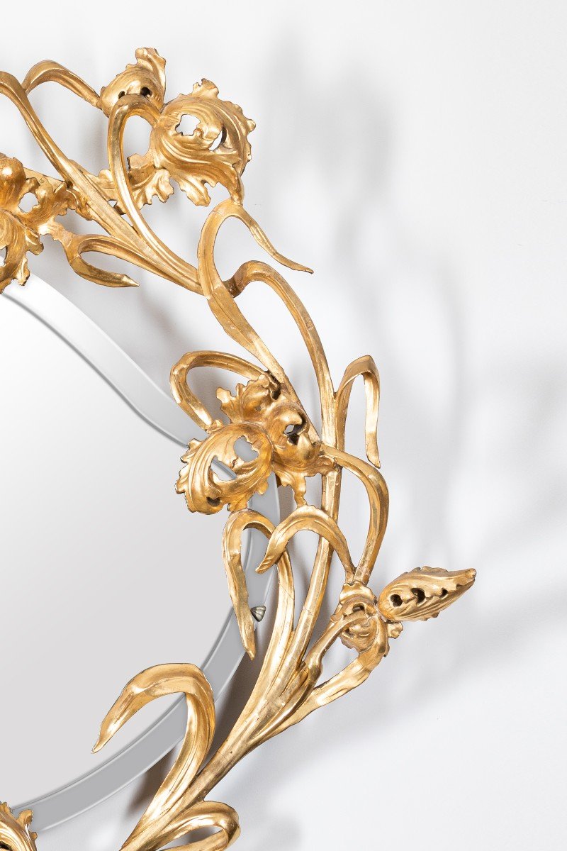 Rare et Grand Miroir D’époque Art Nouveau En Bois Doré.-photo-3