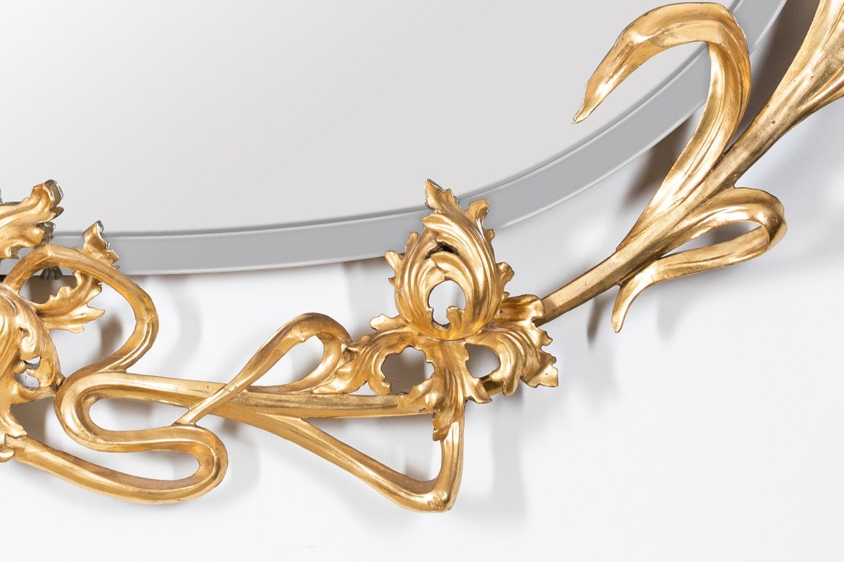 Rare et Grand Miroir D’époque Art Nouveau En Bois Doré.-photo-4