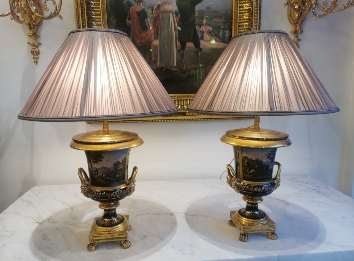 Paire De Lampes En Porcelaine, Genre Sèvres époque 19ème.-photo-4
