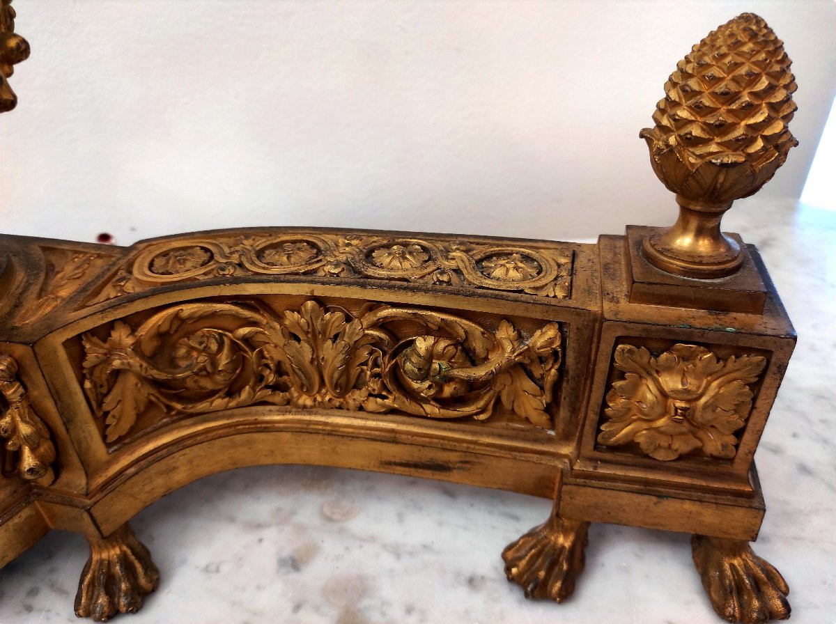 Paire de chenets en bronze doré d'après Gouthiere style Louis XVI-photo-3