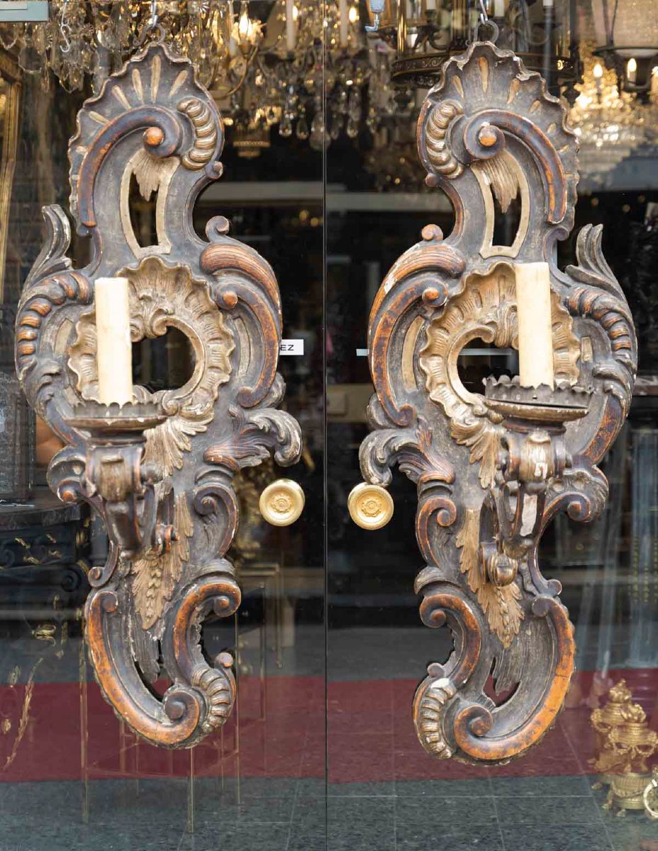 Importante paire d'appliques de Palais en bois rechampi  Italie XVIIIeme -photo-2