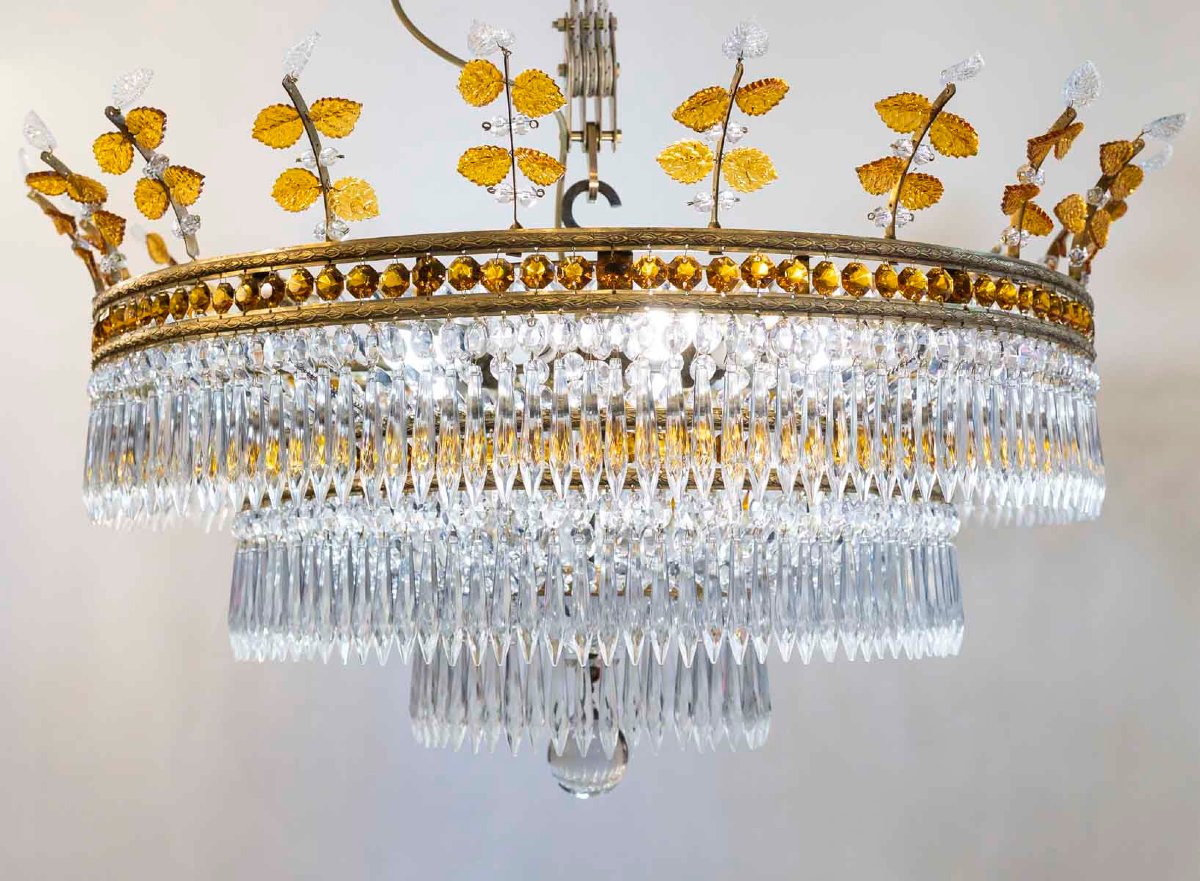 Large Circular Ceiling Light In Bronze And Crystal