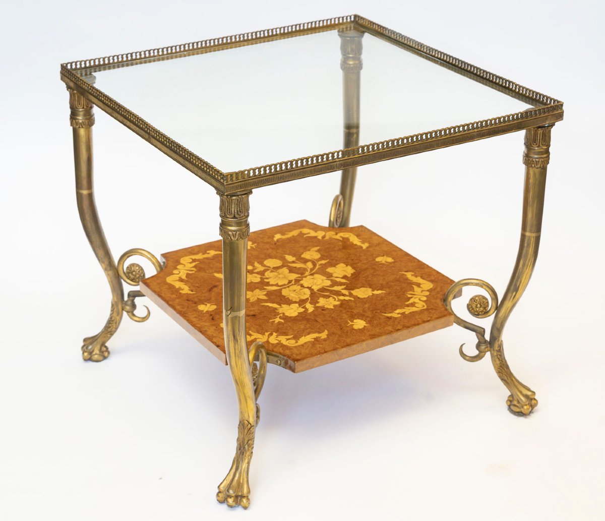 Table basse ou bout de canapé carré  bronze et marqueterie