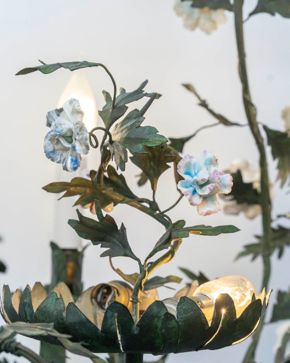 Cage-style Chandelier Made Of Sheet Metal With Porcelain Flowers In The Meissen Style, Louis XV Style -photo-3