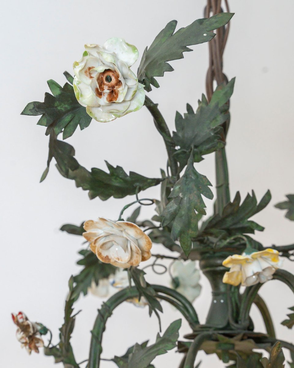 Cage-style Chandelier Made Of Sheet Metal With Porcelain Flowers In The Meissen Style, Louis XV Style -photo-2