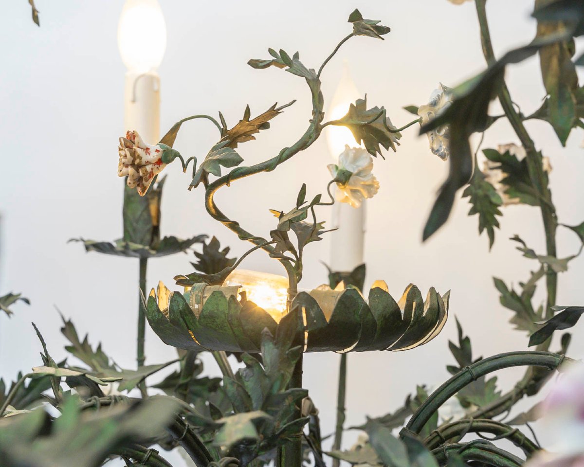 Cage-style Chandelier Made Of Sheet Metal With Porcelain Flowers In The Meissen Style, Louis XV Style -photo-3