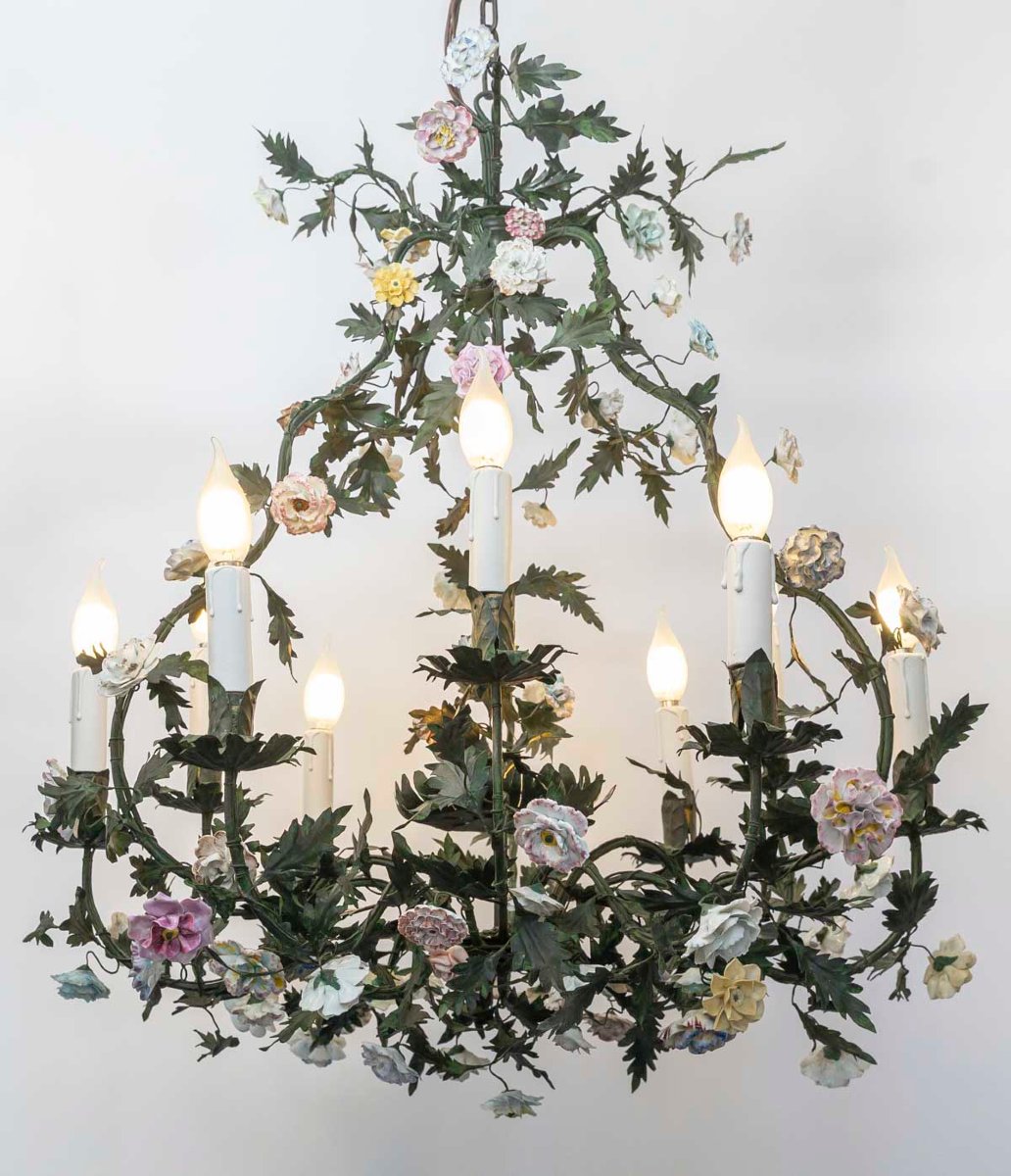 Cage-style Chandelier Made Of Sheet Metal With Porcelain Flowers In The Meissen Style, Louis XV Style -photo-4