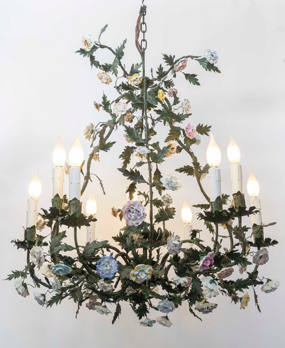 Cage-style Chandelier Made Of Sheet Metal With Porcelain Flowers In The Meissen Style, Louis XV Style -photo-5