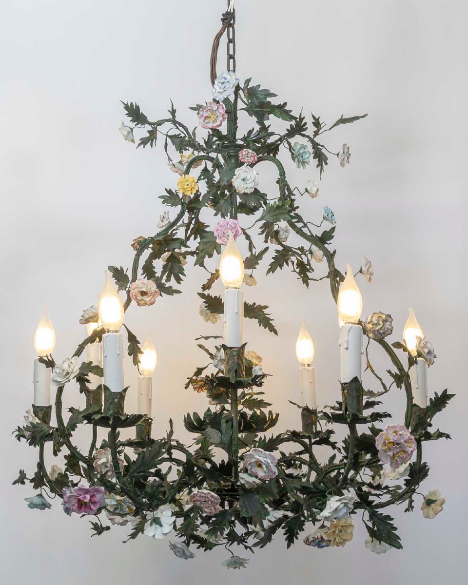 Cage-style Chandelier Made Of Sheet Metal With Porcelain Flowers In The Meissen Style, Louis XV Style -photo-6