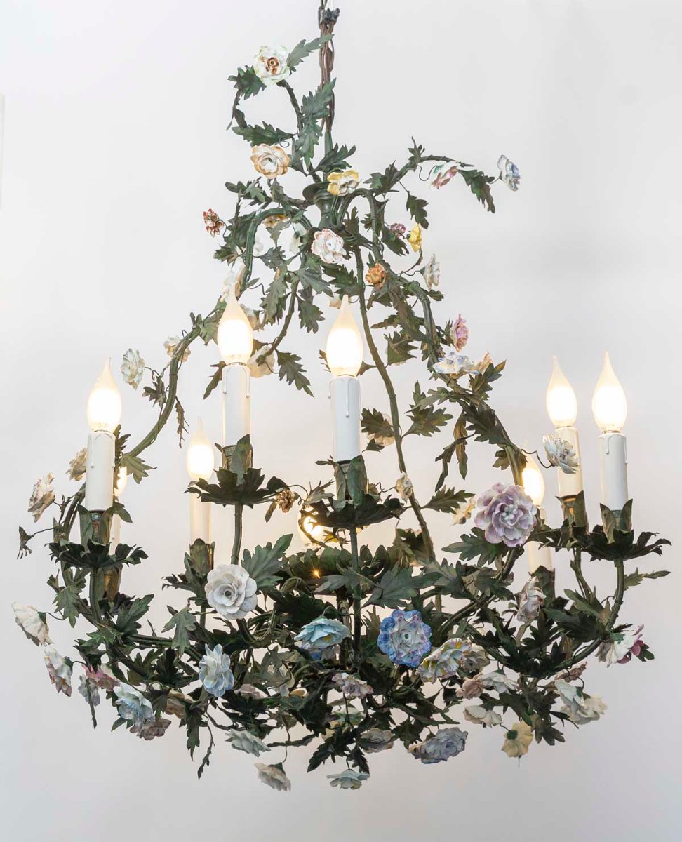 Cage-style Chandelier Made Of Sheet Metal With Porcelain Flowers In The Meissen Style, Louis XV Style 